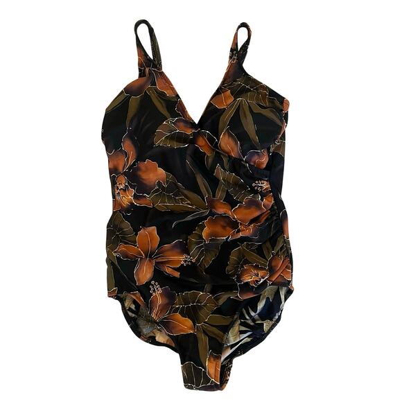 Miraclesuit Other - Miraclesuit One-Piece Bathing Suit 14 Black Tropical Ruched Shaping Support Swim